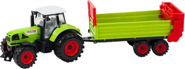 Traktor s prívesom na zotrvačník, otváracia kapota a dvere, zelený