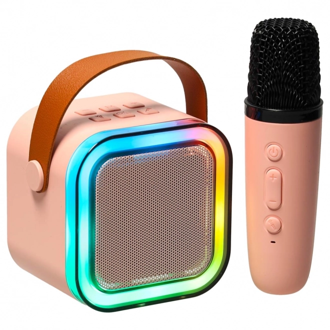 Karaoke sada s mikrofónom a prenosným bluetooth reproduktorom s USB a LED - ružová