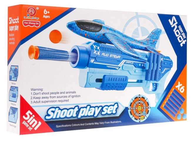 Pistol s odpaľovačom lietadla 5v1 modrý