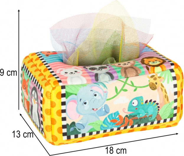 Montessori senzorický box s farebnými vreckovkami a zvieratkami