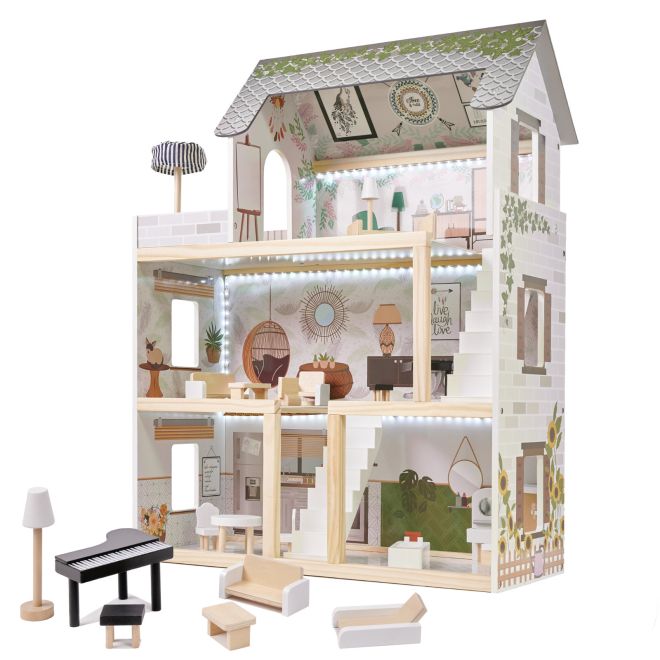 Boho drevený domček pre bábiky s nábytkom a LED osvetlením - 62 cm