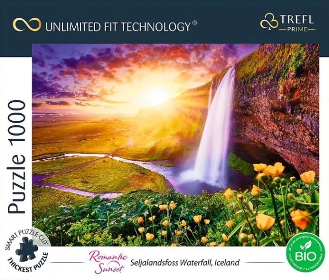 Puzzle TREFL Romantický Západ slnka: Vodopády Seljalandsfoss, Island 1000 dielikov