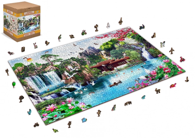 Drevené puzzle Vodopády v japonskej záhrade 2v1