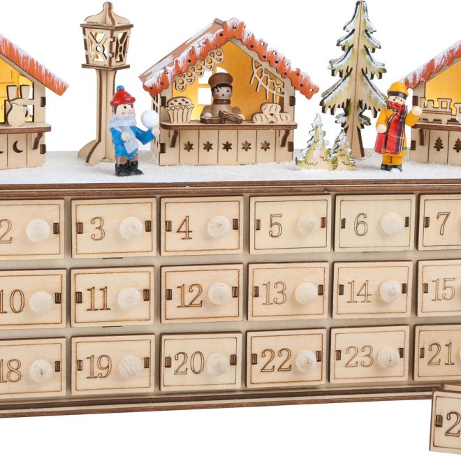 Drevený adventný kalendár Vianočné trhy