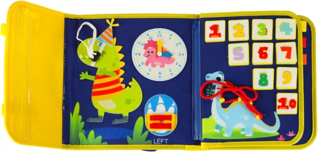 Montessori senzorická manipulačná doska s motívom dinosaura modrá