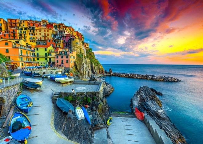 Puzzle Romantický západ slnka nad prístavom Manarola Cinque Terre 1000 dielikov