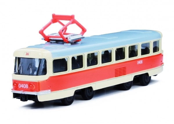 Kovová retro tramvaj Tatra T3 na spätný chod