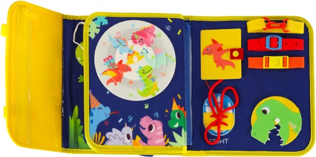 Montessori senzorická manipulačná doska s motívom dinosaura modrá