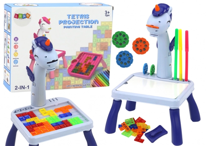 Mini projektor stolík Tetris 2v1 Jednorožec Niebieski