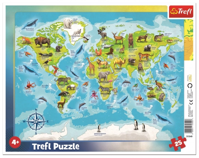 Puzzle Mapa sveta so zvieratkami pre deti 25 dielikov