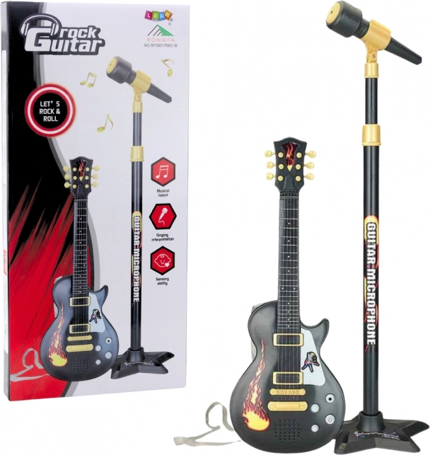 Hudobný set pre deti s gitarou a mikrofónom na statíve – čierny