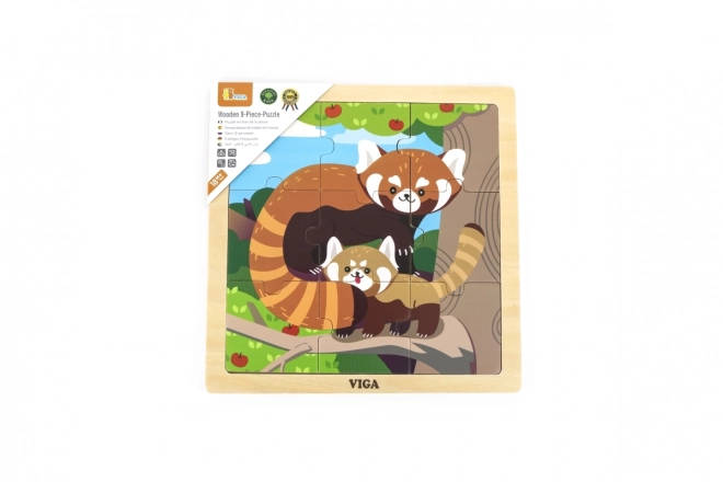 Drevené puzzle 9 dielikov - panda červená