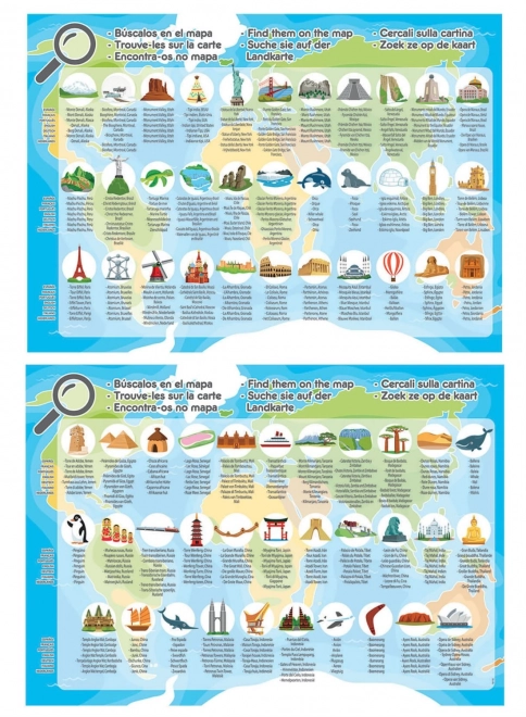 Mapa sveta s pamätihodnosťami - Puzzle 150 dielikov