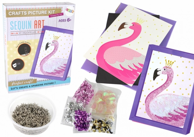 Kreatívny set DIY flitrové špendlíky rámček Flamingo