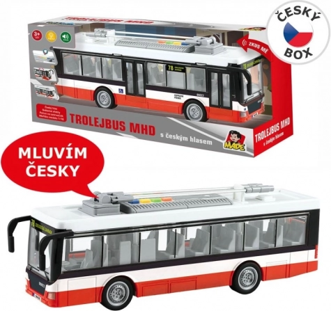 Trolejbus s českými hláseniami a svetlami na zotrvačník 28 cm