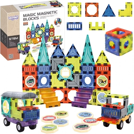 Woopie magnetické stavebnice 3D – zámok a vozidlá, 71 dielov