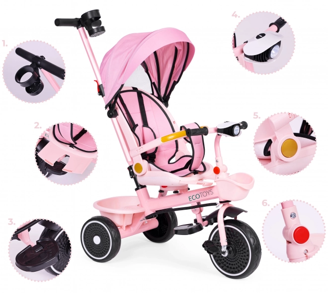 2-v-1 trojkolka s detským kočíkom s otáčavým sedadlom a skladacou strieškou v ružovej farbe od ECOTOYS