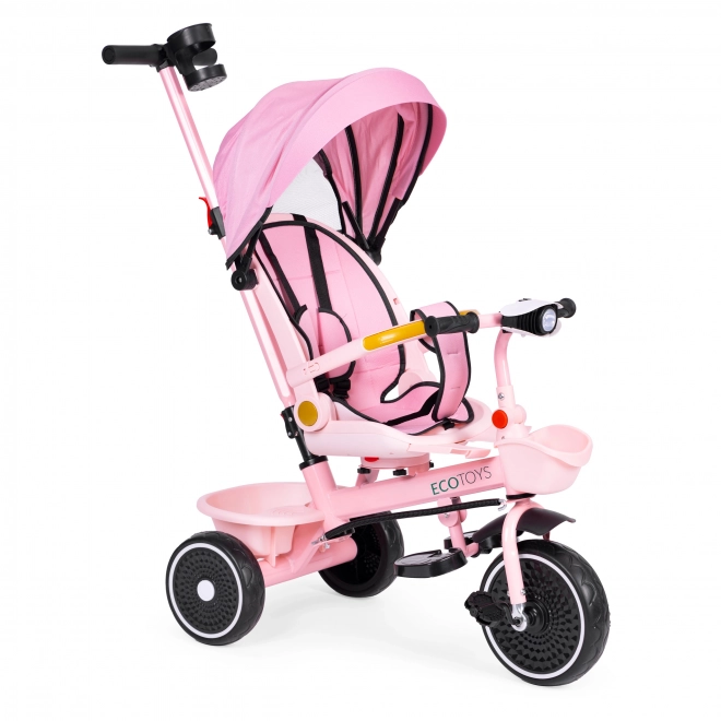 2-v-1 trojkolka s detským kočíkom s otáčavým sedadlom a skladacou strieškou v ružovej farbe od ECOTOYS