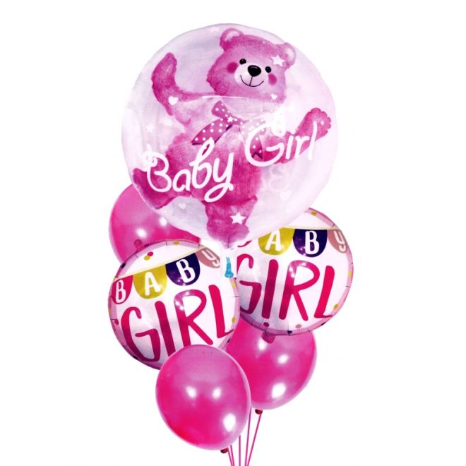Ružové narodeninové balóniky s medvedíkom pre Baby Girl - 6 kusov