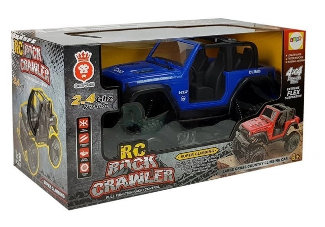 Zábavné RC auto JEEP 4x4 s terénnymi tlmičmi v modrej farbe