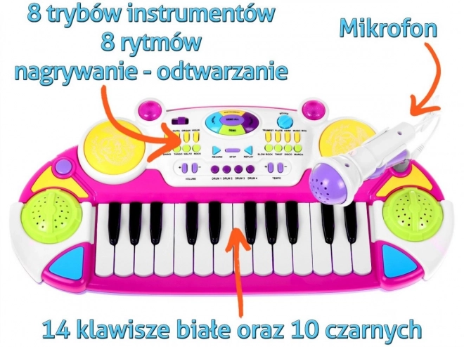 Ružový detský hudobný set Keyboard s bicím a mikrofónom s osvetlením a zvukmi