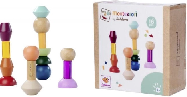 Montessori skladacie bloky – drevená geometrická stavebnica