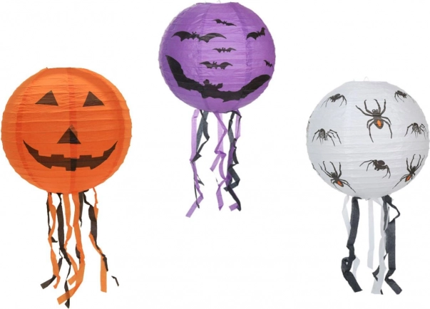 Papierový halloweensky lampión guľa so strapcami 30 cm, 3 motívy