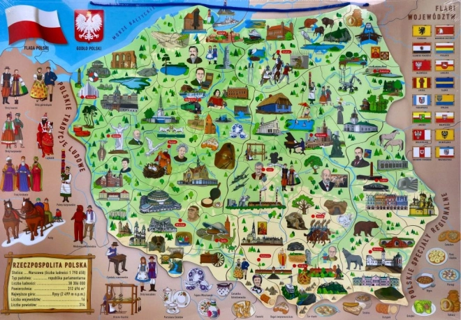 Magnetická mapa Poľska s obrázkami a spoločenská hra 3v1