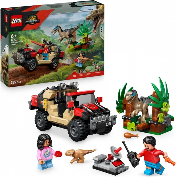 Stavebnica LEGO Jurassic World: Útek terénnym vozidlom pred velociraptorom