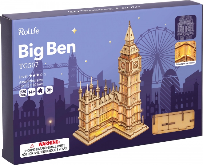 RoboTime drevené 3D puzzle vežové hodiny Big Ben svietiace