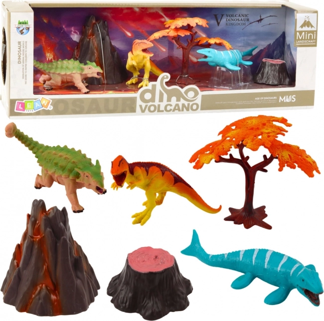 Súprava realistických figúrok dinosaury s vulkánom a stromom