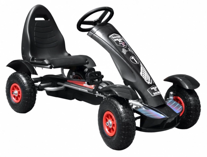 Závodná šliapacia motokára XL pre deti 3+ čierna + nafukovacie kolesá + nastaviteľné sedadlo + voľnobeh