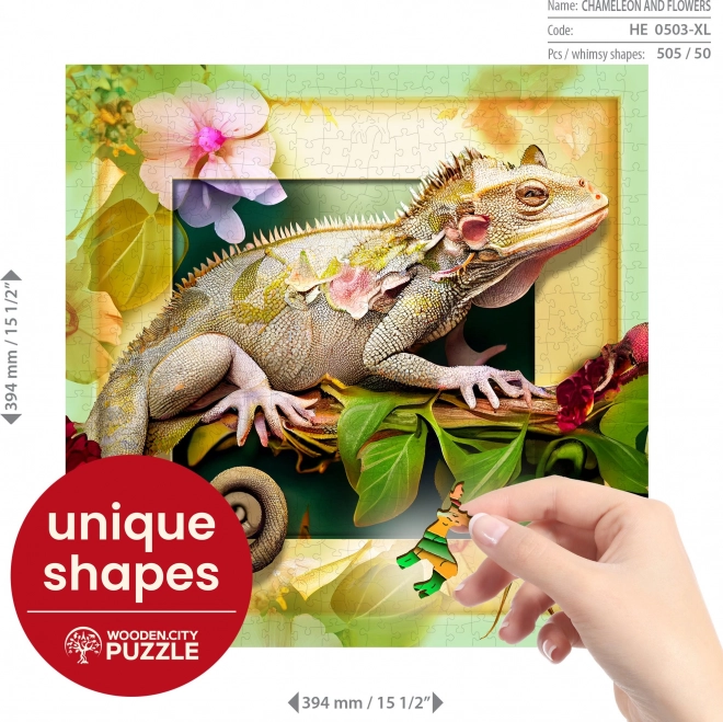 Drevené puzzle chameleón a kvety 505 dielikov