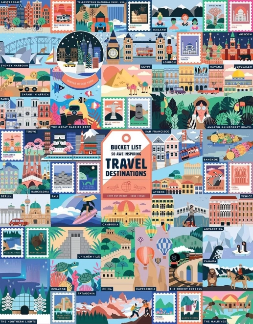 Puzzle RIDLEY'S GAMES Bucket List – 50 obdivuhodných turistických cieľov, 1000 dielikov