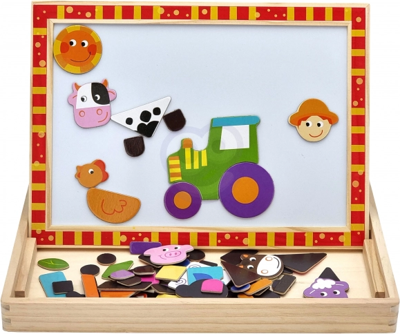 Drevená obojstranná tabuľa Tooky Toy Farma s magnetickými puzzlami