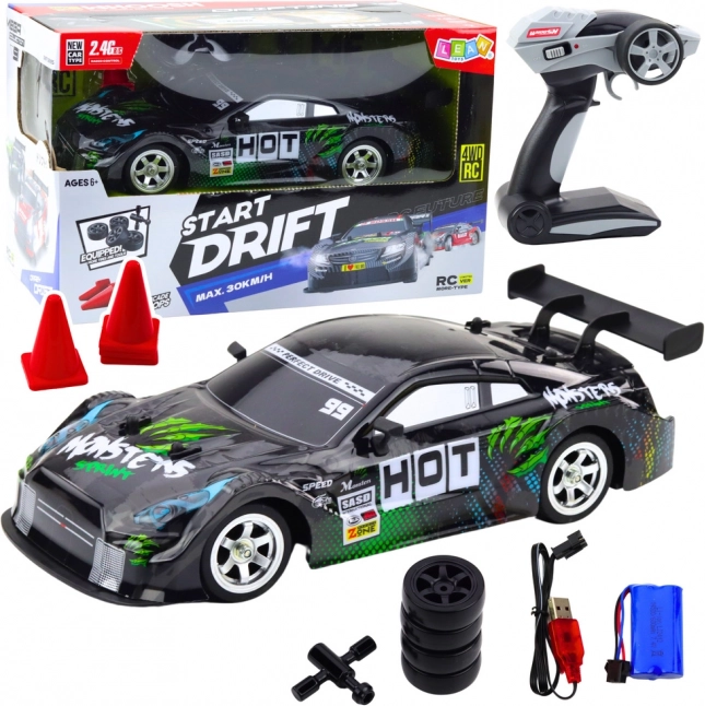 Závodné auto RC pre drift čierno-zelené 30 km/h 1:16