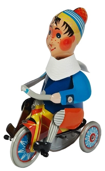 Chlapec na trojkolke na kľúčik kov 15cm v krabici Kovap