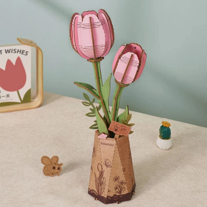 3D drevená skladačka ružový tulipán