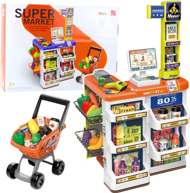 Detský obchod s pokladňou a vozíkom – supermarket set 60 dielov