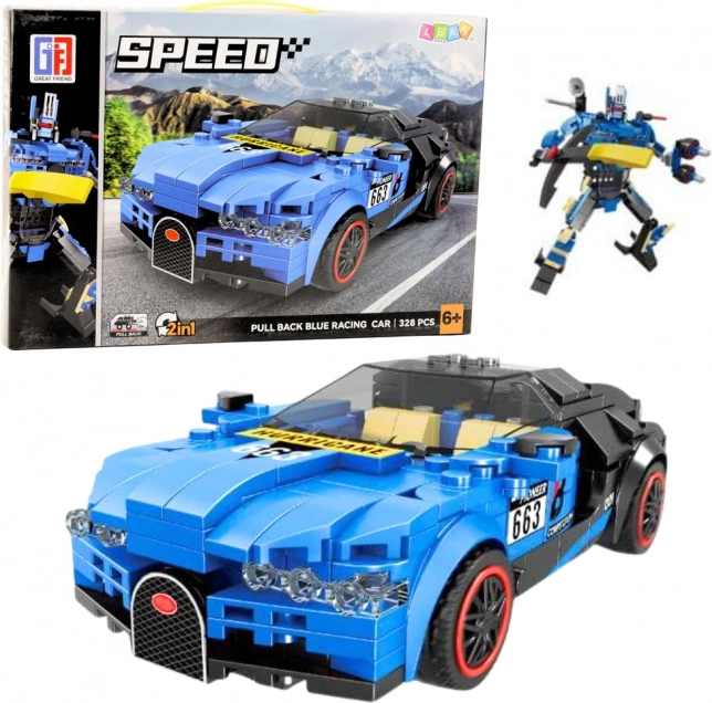 Stavebnica 2v1 robot a pretekárske auto, 328 dielikov, modrá