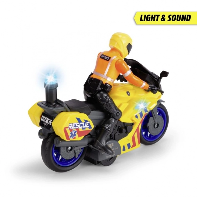 Záchranársky motocykel s figúrkou jazdca
