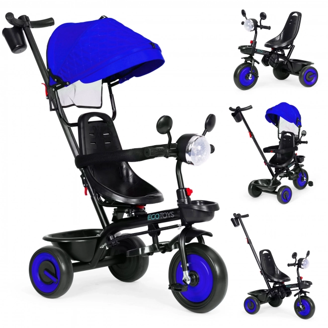 3v1 detská trojkolka s otočným sedadlom a strieškou modrá ECOTOYS