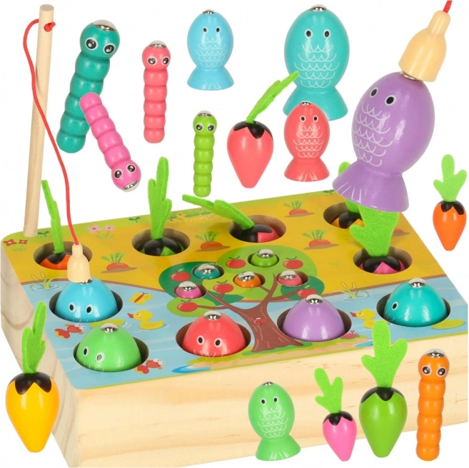 Drevená montessori hra – magnetický rybolov, červíky a mrkvičky