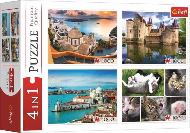 Puzzle Santorini, Benátky, Zámok Sully-sur-Loire a Mačky 4x1000 dielikov