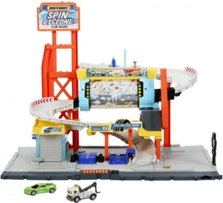 umývačka áut Matchbox Turbo Cyklón – viacpodlažný herný set s rampou a servisom