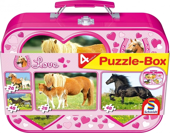 Puzzle kone 4v1 v plechovom kufríku