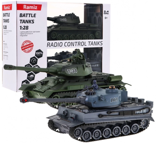 Diaľkovo ovládané 2 tanky T-34 vs. Tiger pre deti 3+ Strelecké modely 1:28 + Veľká tanková bitka + Svetelné zvuky