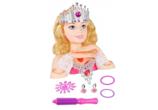 Hlava bábiky na styling s korunou a príslušenstvom