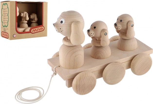 Ťahacia drevená hračka traja psi 22 cm