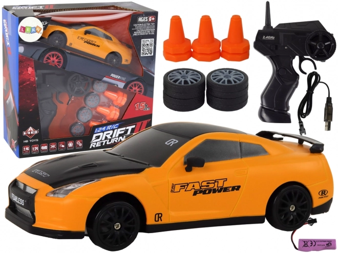 Diaľkovo ovládané športové auto R/C 1:24 s vymeniteľnými kolesami – Žltá